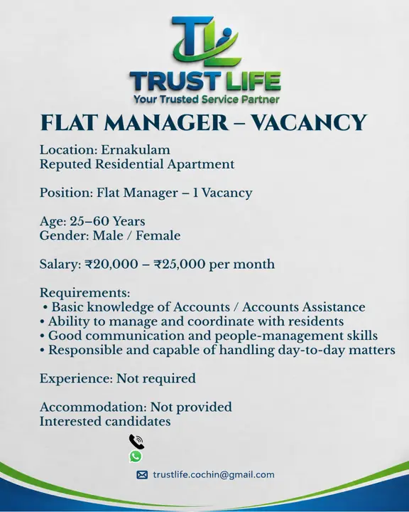 URGENT REQUIRMENT - KOCHI -FLAT MANAGER, RECEPTIONIST