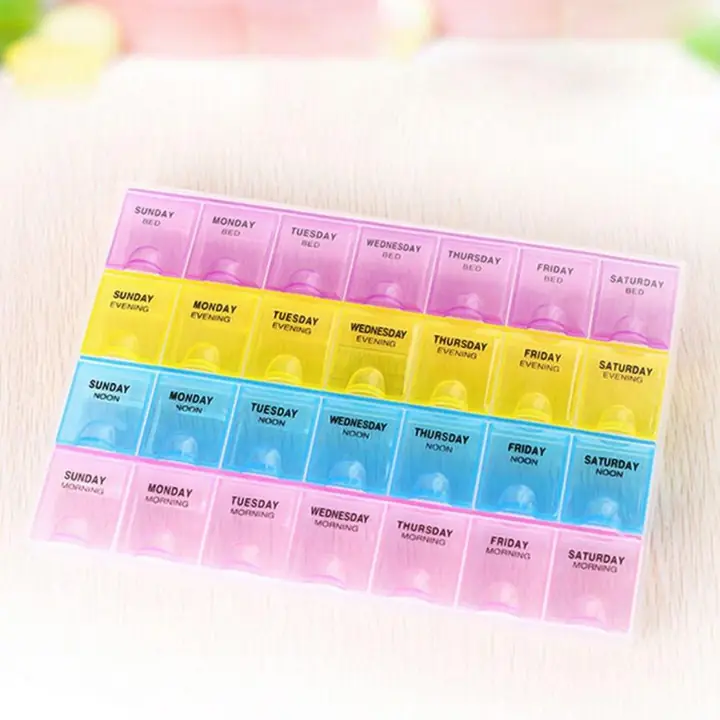 Pill Case- 4 Row 28 Squares Weekly 7 Days Tablet Box Holder Medicine Storage Organizer Container