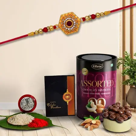 Silver Plated Unique Round Design Rakhi With Chocolate Combo-thali Roli Chawal Greeting Cards