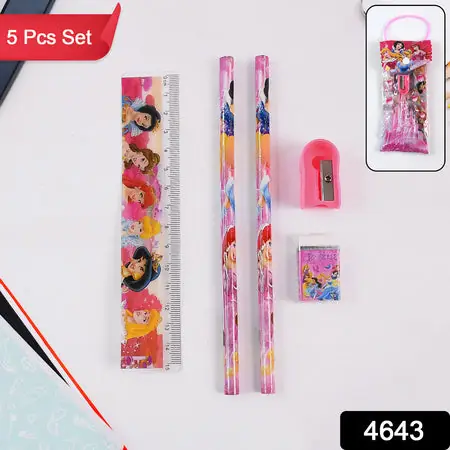 Mix Design Cartoon Wooden Pencil Set Stationary Set 5 In 1 Items Educational Item For School Going (5 Pc Set)