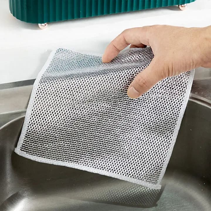 Double-sided Multipurpose Microfiber Cloths Stainless Steel Scrubber Non-scratch Wire Dishcloth (1 Pc 20x20 Cm)