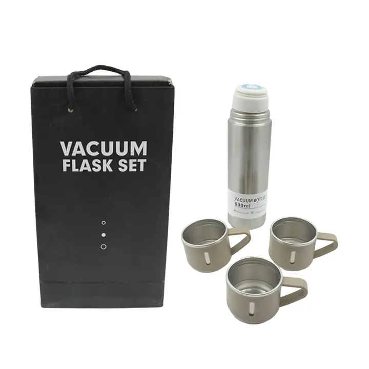 Stainless Steel Vacuum Flask Set With 3 Steel Cups Combo For Coffee Hot Drink And Cold Water Flask