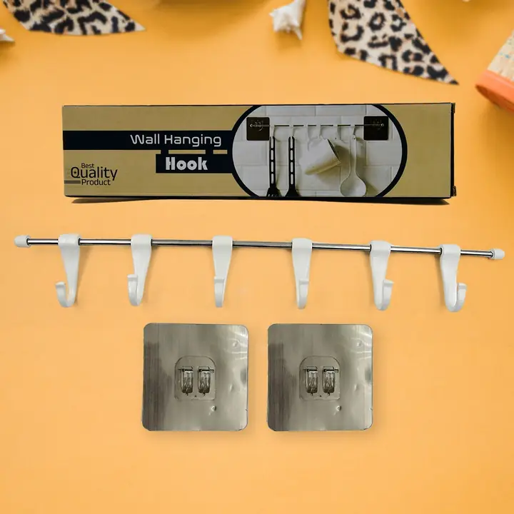 Stainless Steel Utensil Hanger Rail Nail Free Wall Mount With 2 Magic Stickers 6 Plastic Hooks For