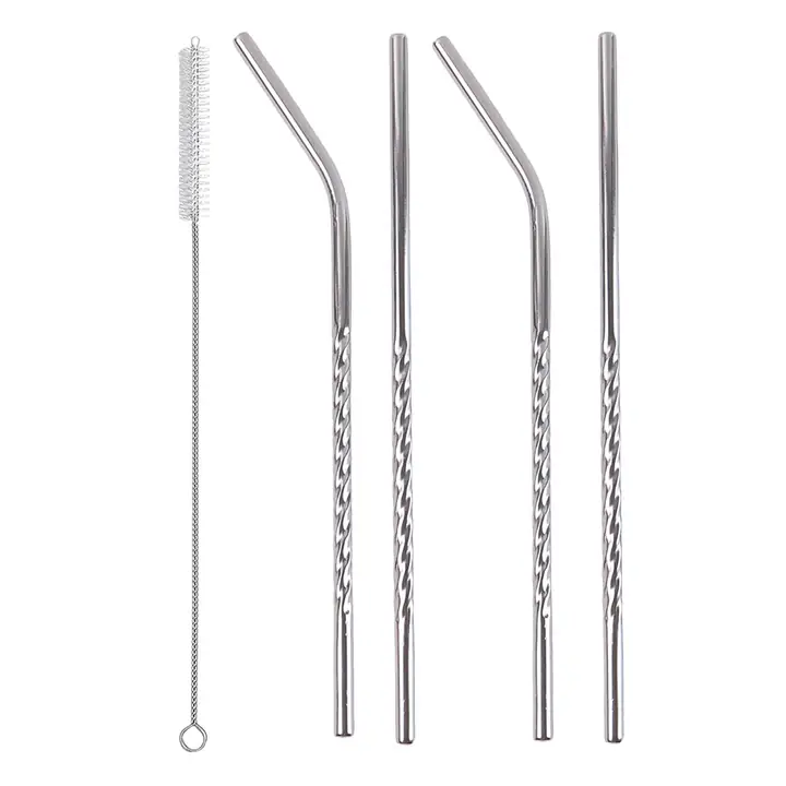 Set Of 4 Stainless Steel Straws Brush (2 Straight Straws 2 Bent Straws 1 Brush)