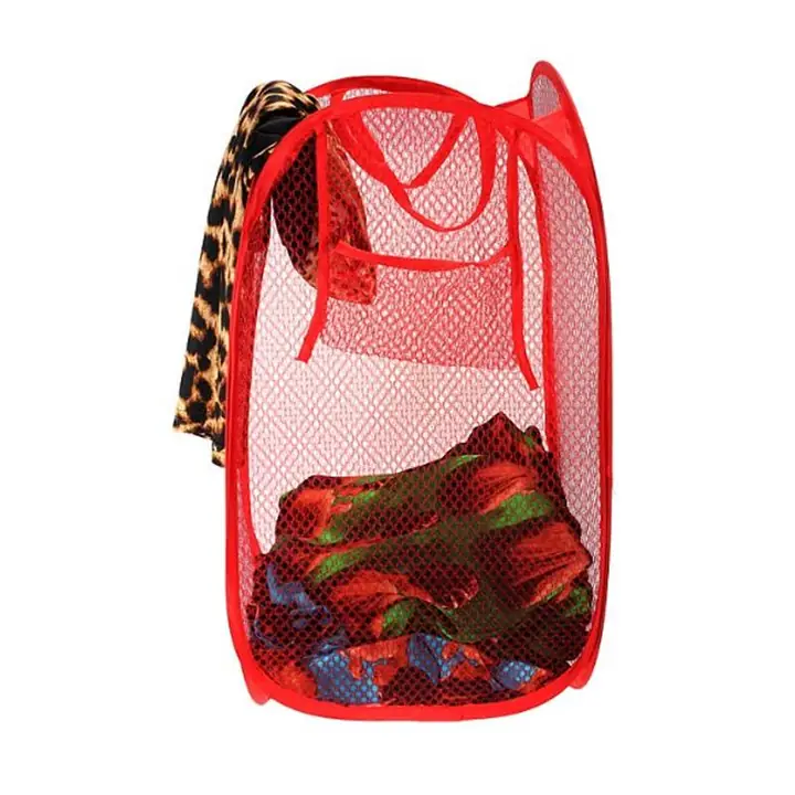 Laundry Hamper Mesh Fabric For Ventilation Foldable Storage Pop Up Clothes Basket