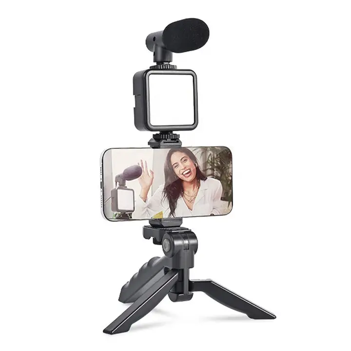 Vlogging Kit For Video Making With Mic Mini Tripod Stand LED Light Phone Holder Clip For Making