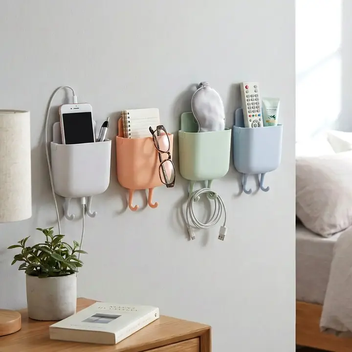Multi-purpose Plastic Wall Mounted Mobile Charging Holder Set (4 Pc)