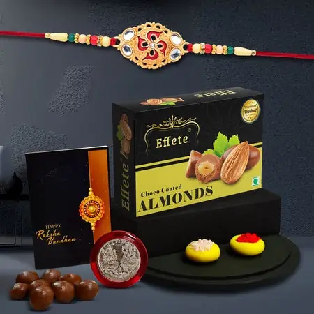Rakhi (K1_528_ca32) Chocolate Almonds 32gm Rakhi Combo With Card And Chocolate Chocolates Gift