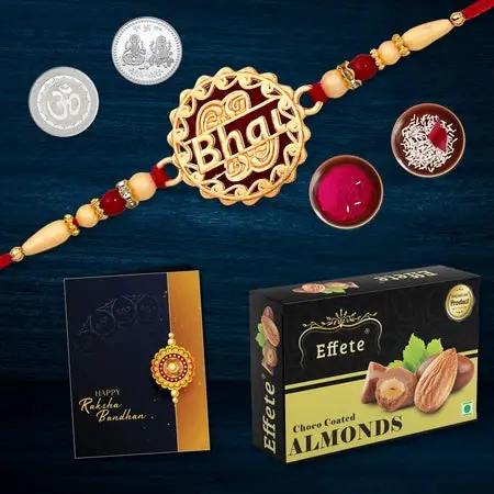 Multicolor Bhai Coded Rakhi Bracelet (K1_527_ca32) Chocolate Almonds 32gm With Silver Color Pooja