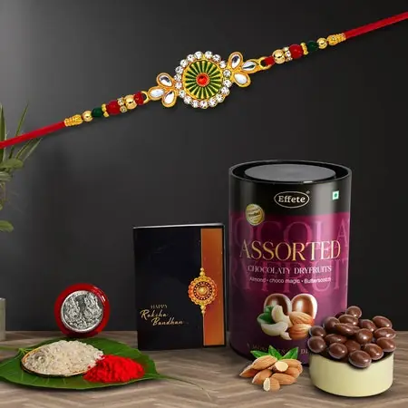 Rakhi For Brother Set Of 1 With Assorted Chocolate Dryfruits 96gm Pooja Coin With Greating Card