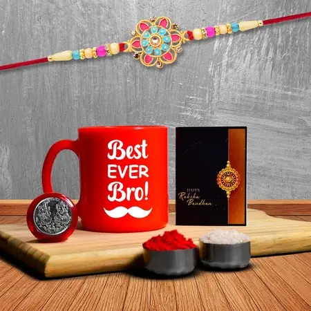 Rakhi Combo (K1_559_rtm) Plastic Unbrekable Tea Milk Coffee Mug (Red Best Ever Bro Mug) With Pooja