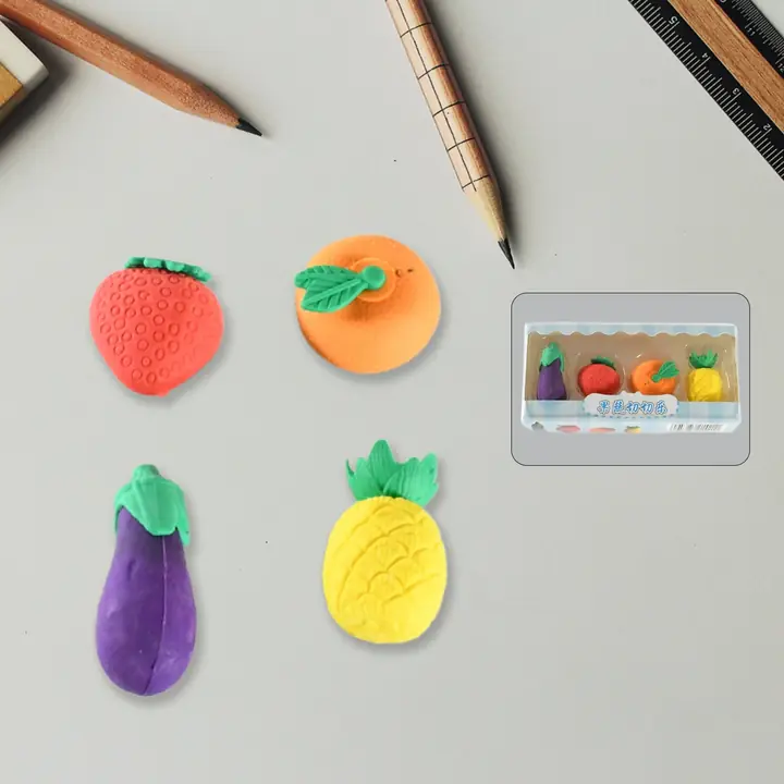 Mini Cute Vegetables And Fruits Erasers Or Pencil Rubbers For Kids 1 Set Fancy Stylish Colorful (4 Pc Set)