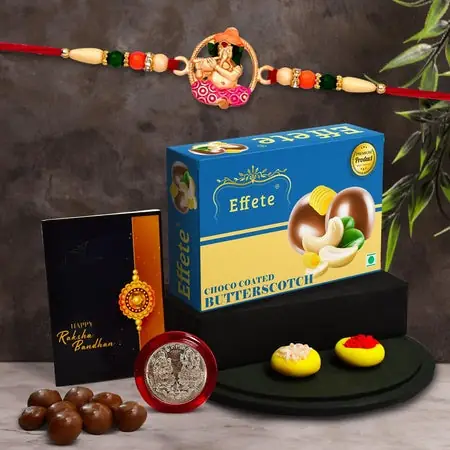Multicolor Idol Ganesh Rakhi Bracelet (K1_522_as) Assorted Chocolate Dry Fruits 96gm With Silver