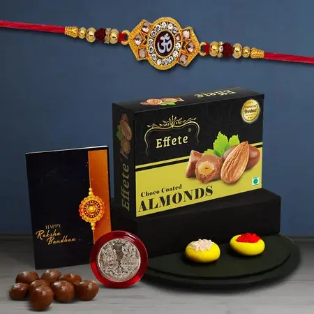 Rakhi (K1_517_ca32) Chocolate Almonds 32gm Rakhi Combo With Card And Chocolate Chocolates Gift Pack