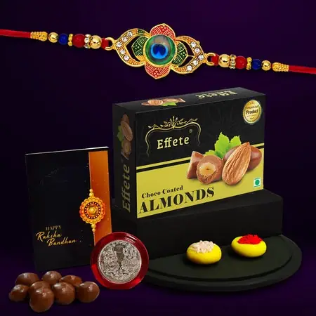 Rakhi For Brother Set Of 1 With Chocolate Almonds 32gm Pooja Coin With Greating Card Rakhi For Kids