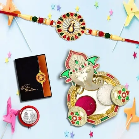 Rakhi For Brother Set Of 1 With Dish Silver Coin Greeting Card Rakhi For Brother And Bhabhi Rakhi