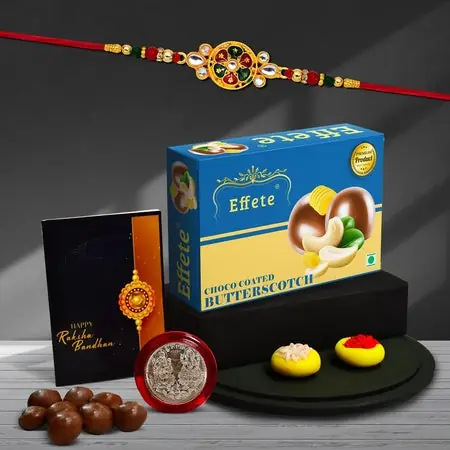 Rakhi For Brother Set Of 1 With Chocolate Butter Scotch 32gm Pooja Coin With Greeting Card