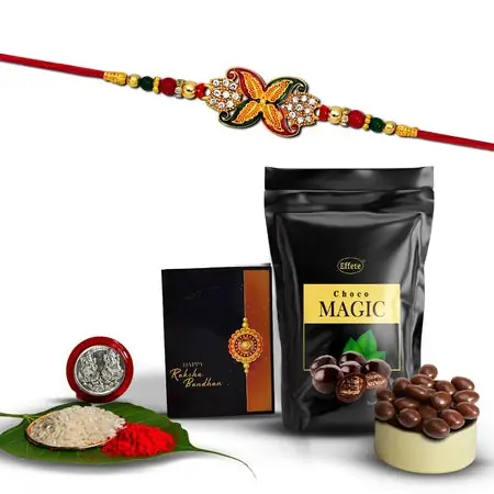 Rakhi Combo (K1_547_sm) Choco Magic (Pouch) With Pooja Coin Greeting Card Rakhi Gift Hamper Rakhi
