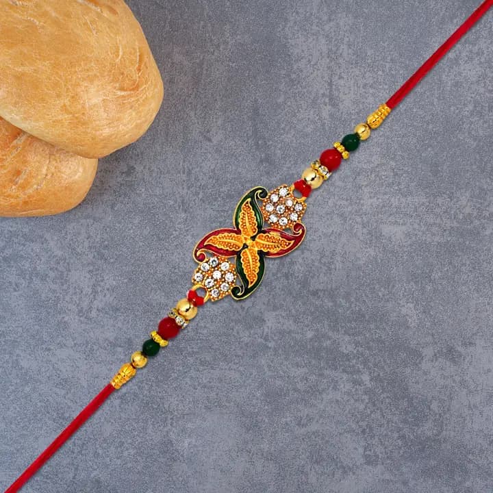 Colorful Designer Rakhi With Stone-studded Floral Motif And Beaded Accents Festive Raksha Bandhan