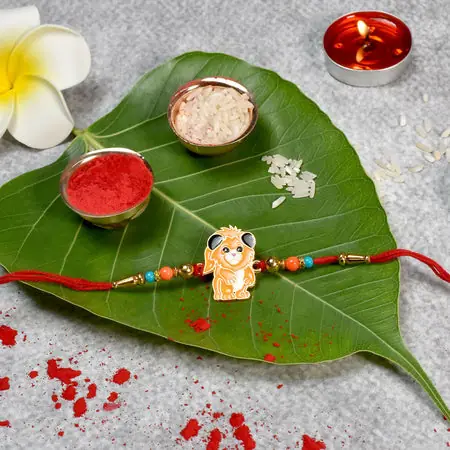 Cute Lion Cartoon Kids Rakhi With Multicolor Beads And Red Thread