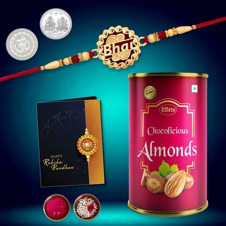 Multicolor Bhai Coded Rakhi Bracelet (K1_527_ca) Chocolate Almonds 96gm With Silver Color Pooja
