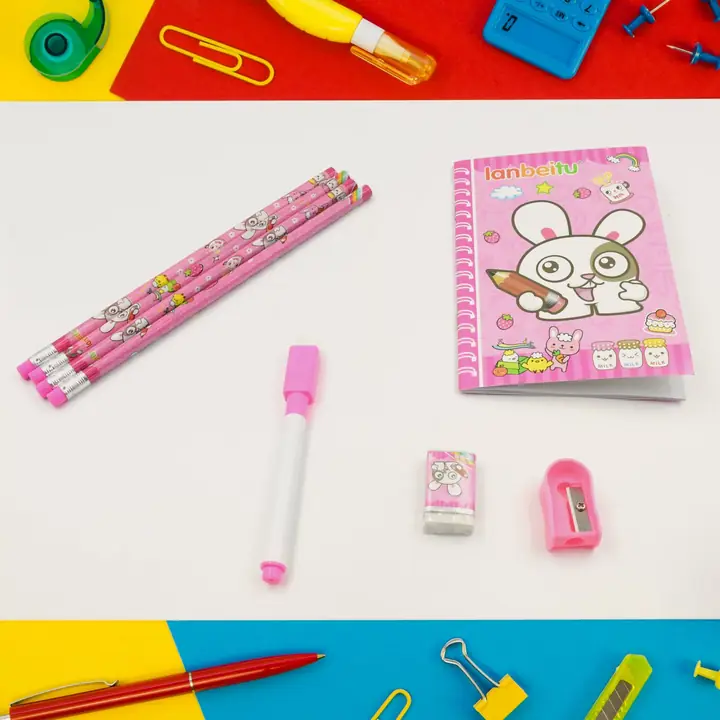 Stationery Kit For Kids - Stationery Set Includes Wooden Pencil Sharpener Pencil And Eraser Set (8 Pc Set)
