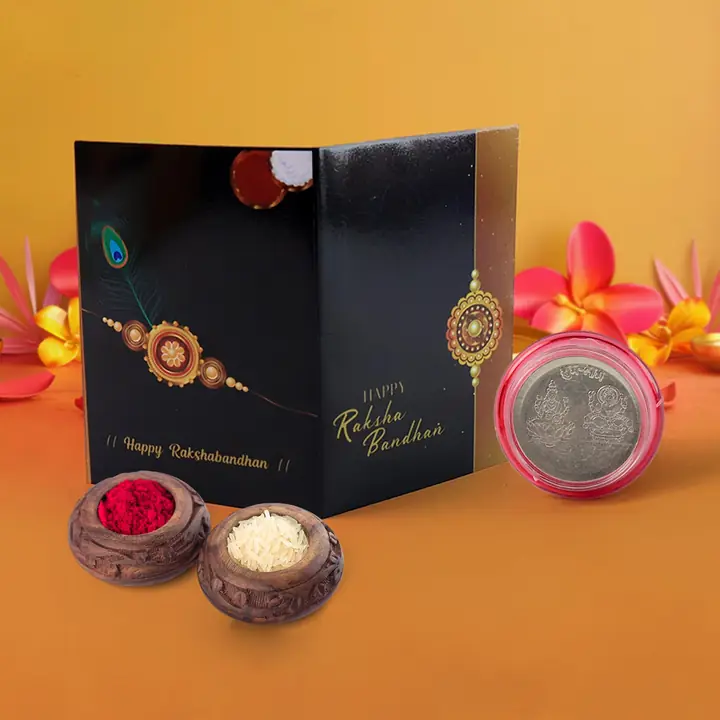 Raksha Bandhan Gift Set Roli Chawal With Greeting Card Silver-coated Coin