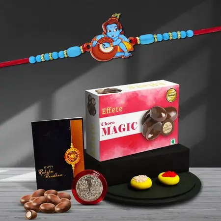 Rakhi Combo (K1_876_cm32) Chocolate Magic 32gm With Pooja Coin Greeting Card Kids Rakhi With Gift