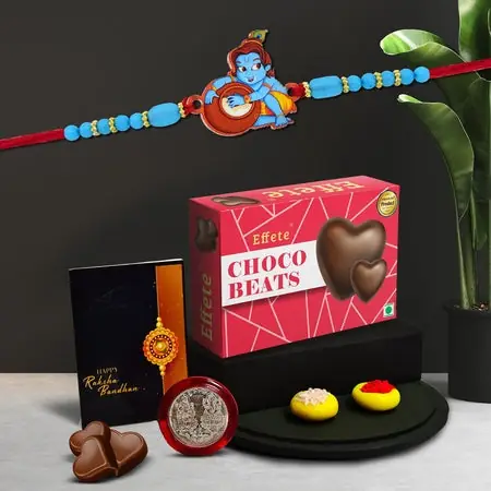 Rakhi Combo (K1_880_cb32) Chocolate Beats 32gm Pooja Coin Greeting Card Rakhi Kids Boy Rakhi Gift
