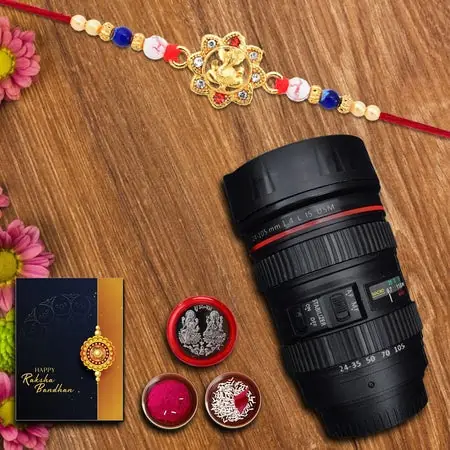 Mens (K1_6_m720) Multicolor Om Diamonds Beads Gold Color Rakhi Combo With Camera Lens Coffee Mug