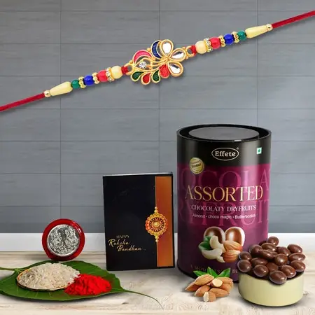 Rakhi (K1_556_as) Assorted Chocolate Dryfruits 96gm Rakhi Combo With Card And Chocolate Chocolates