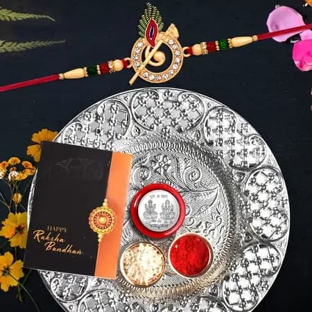 Rakhi For Brother Set Of 1 With Dish Silver Color Coin Greeting Card Bhai And Bhabhi Gift For
