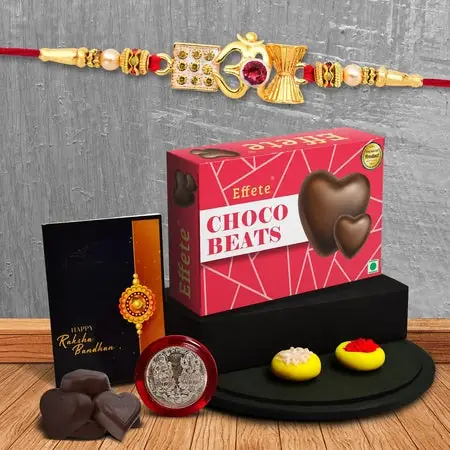 Multicolor Red Om Rakhi Bracelet (K1_282_cb32) Chocolate Beats 32gm With Silver Color Pooja Coin