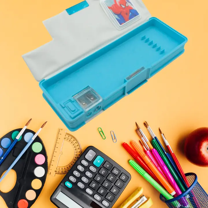 Art Stationery Cartoon Multi-functional Geometry Box For Boys With Inbuilt Calculator 2 Sides Open