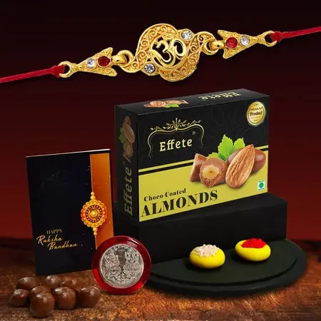 Rakhi (K1_404_ca32) Chocolate Almonds 32gm Rakhi Combo With Card And Chocolate Chocolates Gift Pack