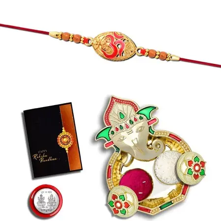 Rakhi Combo (K1_403_aa3) With Pooja Coin Shri Ganesh Pooja Thali Tilak Set Greeting Card Rakhi