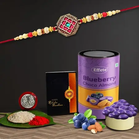 Rakhi Combo (K1_420_ba) Blueberry Choco Almond 96gm With Pooja Coin Greeting Card Rakhi Gift Hamper