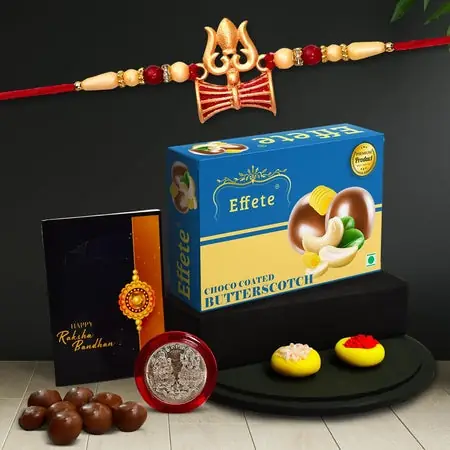 Multicolor Trishul Rakhi Bracelet (K1_504_bs32) Chocolate Butter Scotch 32gm With Silver Color