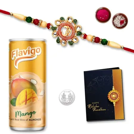 Multicolor Green Beads Rakhi Bracelet (K1_506_mds) Mango Milk Drink With Silver Color Pooja Coin