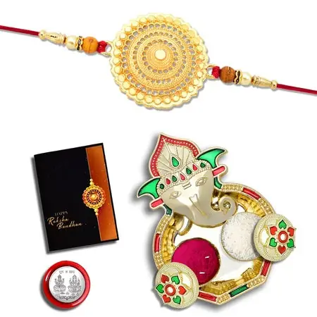 Rakhi Combo With (K1_507_aa1) With Pooja Coin Gold Color Pooja Thali Tilak Set Greeting Card Rakhi
