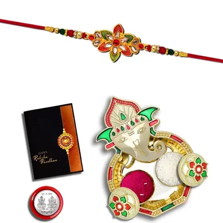 Rakhi Combo (K1_526_aa1) With Pooja Coin Gold Color Pooja Thalitilak Set Greeting Card Rakhi Thali