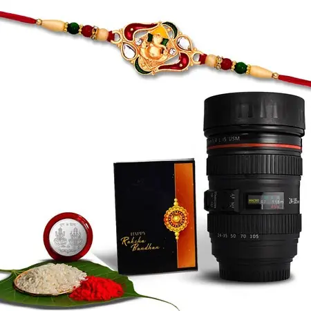 Multicolor Simple Decorated Rakhi (K1_523_m720) Camera Lens Coffee Mug With Silver Color Pooja Coin