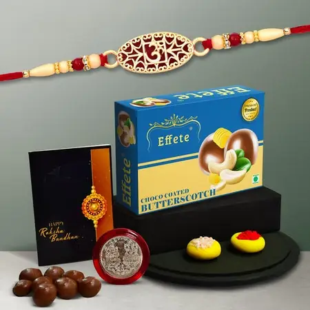Multicolor Oval Flower Rakhi Bracelet (K1_510_bs32) Chocolate Butter Scotch 32gm With Silver Color