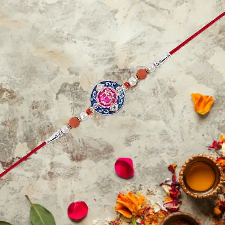 Traditional Om Rakhi With Rudraksha Beads Kundan Work Red Thread Spiritual Raksha Bandhan Rakhi For