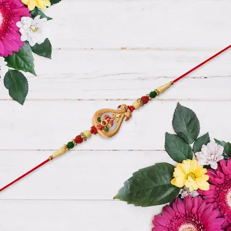 Elegant Leaf Motif Rakhi With Colorful Stones And Beaded Thread Designer Raksha Bandhan Bracelet