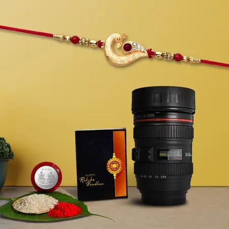 Multicolor (K1_258_m720) Rakhi Combo With Camera Lens Coffee Mug Silver Color Pooja Coin Greeting