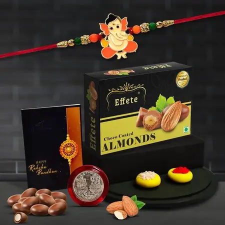 Multicolor Orange Rakhi Bracelet (K1_255_ca32) Chocolate Almonds 32gm With Silver Color Pooja Coin