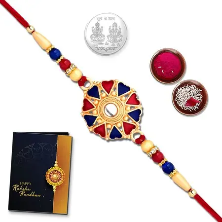 Multicolor (K1_260) Panda Rakhi Combo With Silver Color Pooja Coin Tilak Set Greeting Card Rakhi