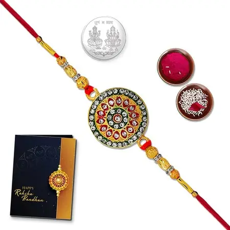 Multicolor Simley Faced Rakhi Bracelet (K1_306) With Silver Color Pooja Coin Tilak Set Greeting
