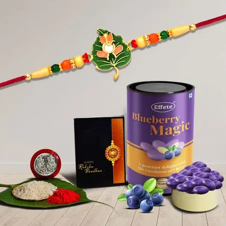 Multicolor Leaf Shped Rakhi Bracelet (K1_307_ca) Chocolate Almonds 96gm With Silver Color Pooja